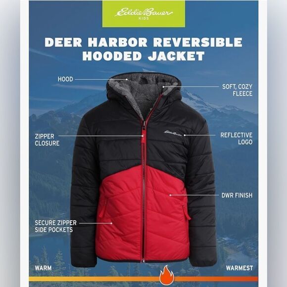 Eddie Bauer Boys' Reversible Jacket Waterproof Lightweight Fleece Hooded XS - Picture 1 of 11